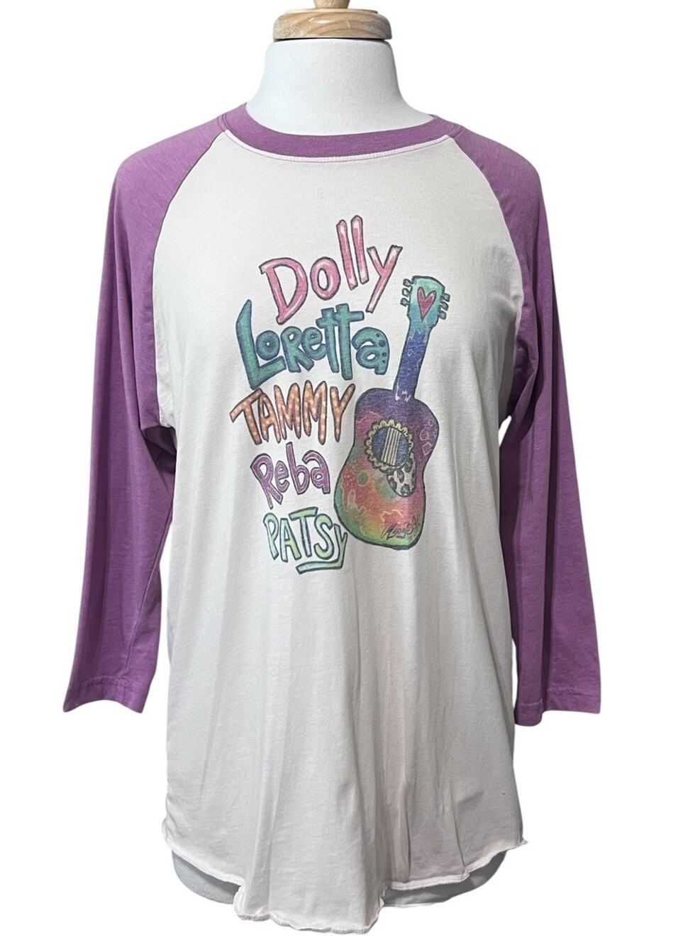 Country Legends Dolly Loretta Tammy Reba Patsy Raglan T-Shirt Womens L Guitar